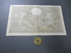 美品+　ベルギー　1938年　アルベール1世王夫妻　灰色100フラン　P-107