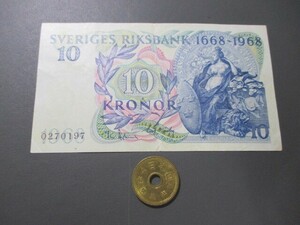極美品+　スウェーデン　1968年　中央銀行300年記念　10クローナ