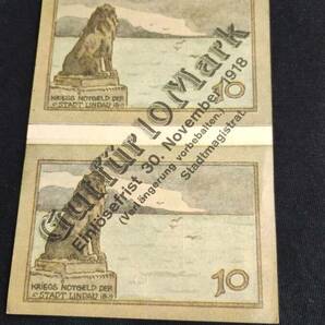 未使用 ドイツ地方紙幣 リンダウ市 1918年 未裁断2枚加刷10マルクの画像2