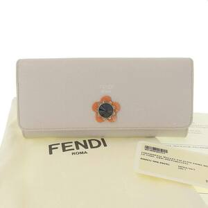 【本物保証】 布袋付 フェンディ FENDI 花 フラワー ホック付長財布 レザー ライトグレー 8M0251 9PRFOY9G