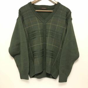 【KOSUGI】コスギ 日本製 セーター メンズ 紳士 ゴルフ グリーン チェック アクリル 毛 おしゃれ着 春 上品 Vネック カジュアル L/Y7070gg