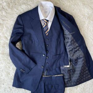 1 jpy ~ [ ultimate beautiful goods ] pine beautiful shop high class suit KOSHO SABERI×AROMATEX cloth 3 piece setup 2B spring summer unlined in the back business navy blue stripe Hashimoto wool woven 