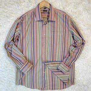 1円〜 【希少XL-2XL位 極美品 】Paul Smith ポールスミス メンズシャツ マルチストライプ コットン長袖シャツ 袖裏切替 エスニック柄 