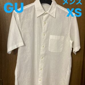 【未使用】GU コットンリネンシャツ 半袖 白 メンズ XS 綿麻混 レディスＭ,キッズ150ぐらい？