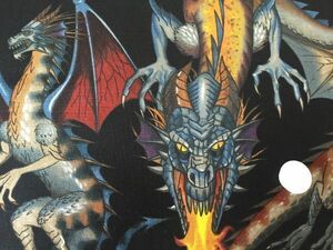 【即決】UE-99 布時間◆ USA（ハギレ）105㎝ × 65㎝　火を噴くドラゴン 空飛ぶドラゴン怪獣
