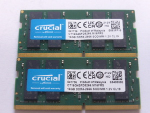 メモリ ノートパソコン用 1.20V Crucial DDR4-2666 PC4-21300 16GBx2枚 合計32GB 起動確認済みです 