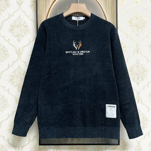 ★★最高峰EU製＆定価5万◆UABONI*Paris*セーター*ユアボニ*パリ発◆カシミヤ100％ 裏起毛 防寒 保温 高級刺繍 シンプル カジュアル XL/50