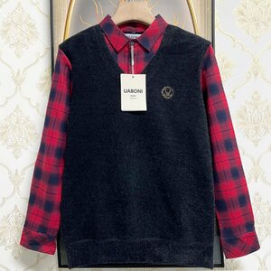 ★★逸品EU製＆定価5万◆UABONI*Paris*セーター*ユアボニ*パリ発◆豪華ミンク/カシミヤ混 防寒 重ね着風 金糸刺繍 チェック柄 紳士 M/46