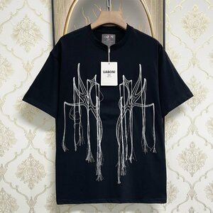 個性EU製＆定価2万◆UABONI*Paris*半袖Tシャツ*ユアボニ*パリ発◆上品 通気 吸汗 刺繍 フリンジ カットソー スウェット 個性 男女兼用2XL