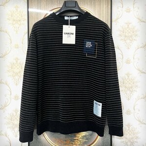 ★★上級EU製＆定価5万◆UABONI*Paris*セーター*ユアボニ*パリ発◆ミンク/カシミヤ混 防寒 裏起毛 ソフト ストライプ プルオーバー XL/50