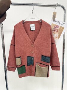  piece . Europe made * regular price 5 ten thousand * BVLGARY a departure *RISELIN cardigan high quality wool protection against cold knitted color block stylish lady's XL/50 rhinoceros 