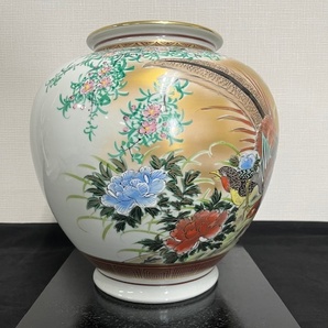 九谷焼 利平造 花瓶 茶器 色絵陶磁器 色彩 全長約31㎝ 重量3.96㎏ 木箱付き U594の画像3