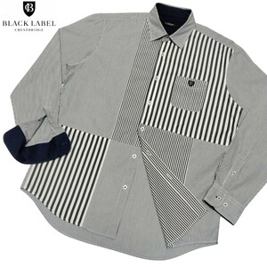  Black Label k rest Bridge # patchwork / stripe pattern CB embroidery L size white gray long sleeve shirt BLACK LABEL CRESTBRIDGE