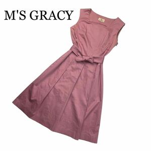 M'S GRACY エムズグレイシー ワンピース ベルト付き ノースリーブ ピンク サイズ9 ひざ丈
