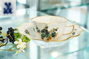 MEISSEN マイセン 1880 - 1900 年頃 ワトー画法 グリーンフラワー 金彩 フラワーブーケ モカサイズ カップ＆ソーサー 本物保証品