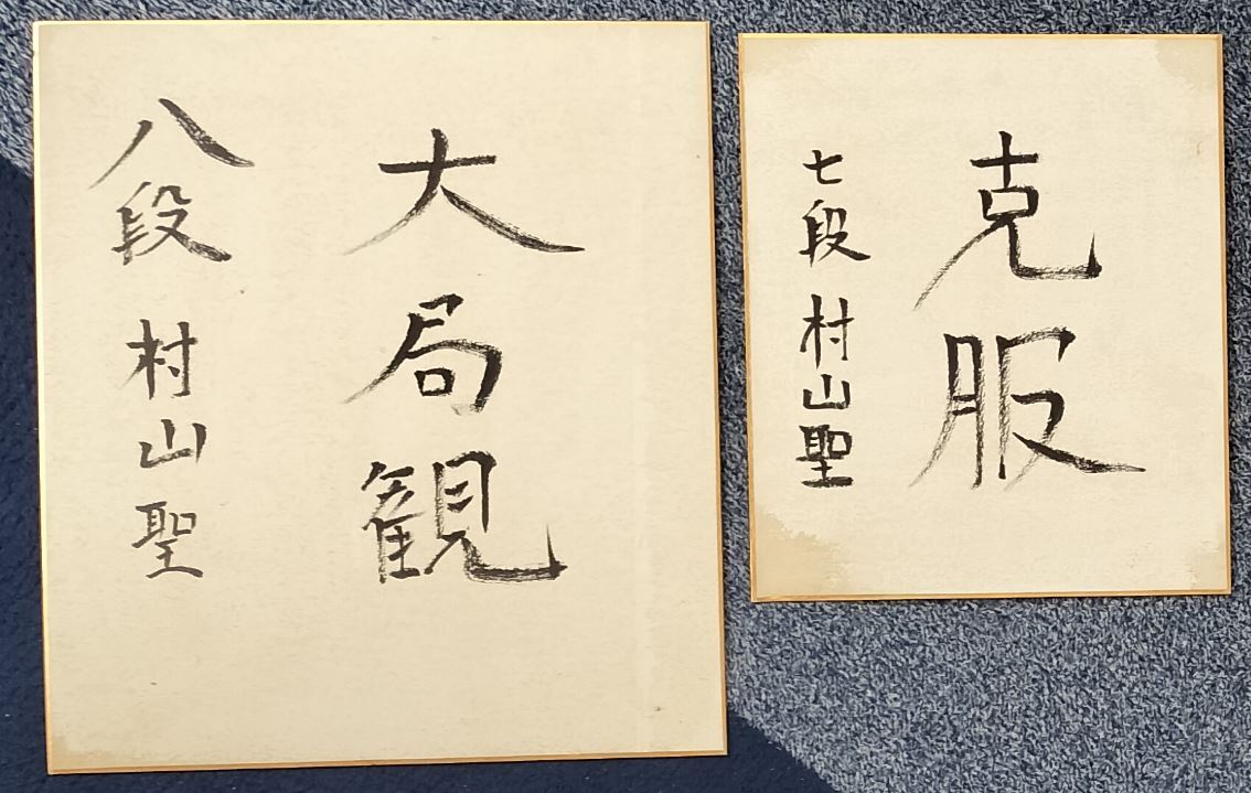 2枚まとめ売り 村山聖 棋士 将棋 色紙 サイン 27cm & 17cm 直筆 貴重品 レア 肉筆 経年劣化が見られます 金言 ｢大局観 克服｣, タレントグッズ, サイン