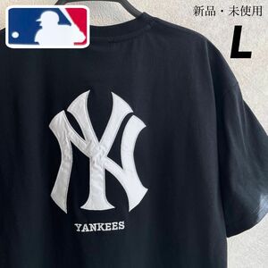 希少【L】MLB公式　ニューヨーク・ヤンキース　ビッグロゴ刺繍　半袖Tシャツ●グッズ/ブラック