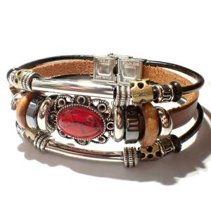 Тройной красный натуральный камень красный кожаный браслет индийский коричневый аксессуары браслеты