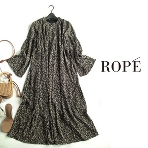 ロペ　ROPE　リーフプリントロングワンピース38　黒ベージュ　