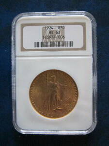 米国　セントゴーデンス　２０ドル金貨　１９２４　Sイーグル　NGC　MS６３