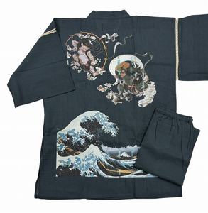 [ Edo ..] with translation half-price! jinbei ... weave cotton 100%.. large size manner god . god wave navy blue 5L