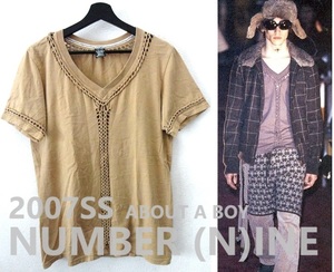 2007SS/NUMBER (N)INE:ナンバーナイン/ABOUT A BOY期/編み込み Vネック Tシャツ/ライトブラウン/size 3/日本製/宮下貴裕 本人期