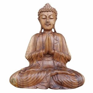 ブッダの木彫り 32cm 合掌 座像 スワール無垢材 木製仏像 仏陀置物 釈迦 観音菩薩 ブッダオブジェ 080716