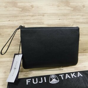 YY743 フジタカ 定価22000円 京都レザー 新品 クラッチバッグ 牛革 FUJITAKA meets KARAKUSA KYOTO Leather クロ×アオ 2917の画像2