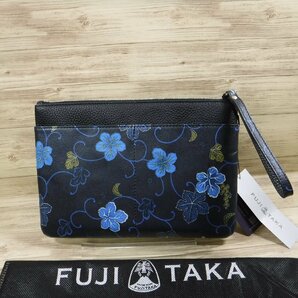 YY743 フジタカ 定価22000円 京都レザー 新品 クラッチバッグ 牛革 FUJITAKA meets KARAKUSA KYOTO Leather クロ×アオ 2917の画像1