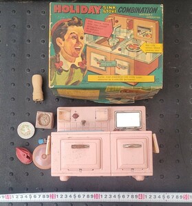  Vintage tin plate toy Hori te- sink stove combination 1950 period box equipped HOLIDAY SINK STOVE made in Japan that time thing Showa Retro 