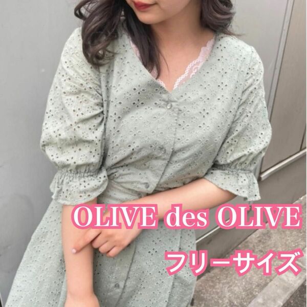 【新品】OLIVE des OLIVE 刺しゅうレースＶネックワンピース オリーブデオリーブ グリーン 緑 半袖