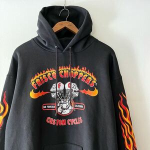 美品 90s FRISCO CHOPPERS スカル × フレイム スウェット パーカー L 黒 ビンテージ フリスコチョッパーズ モーターサイクル ヴィンテージ