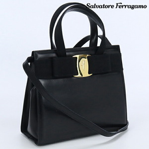 中古 フェラガモ トートバッグ レディース ブランド FERRAGAMO ヴァラリボン 2WAYトートバッグ カーフ 21 4178 ブラック バッグ