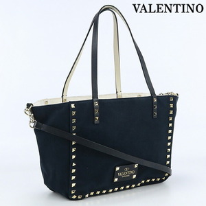 中古 ヴァレンティノ トートバッグ レディース ブランド VALENTINO ロックスタッズ 2WAYトート コットン ネイビー バッグ