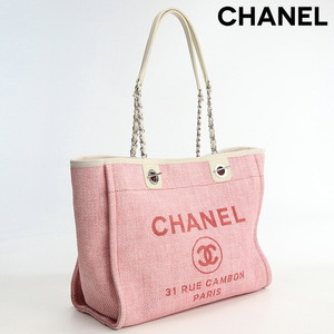 中古 シャネル トートバッグ レディース ブランド CHANEL ドーヴィル チェーントートMM キャンバス ピンク