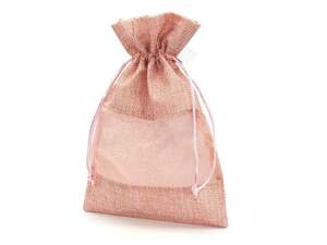 巾着袋 ラッピング 包装 巾着ポーチ 小物入れ (15cm×22cm) 麻布×オーガンジー (ピンク) (10個)