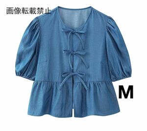 vintage ヴィンテージ レトロ デニム リボン ブラウス トップス Mサイズ レディース★ZARA 好きな方に★2024 S/S 春新作 新品未使用★