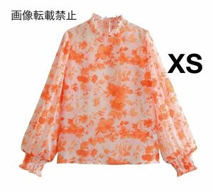 orange vintage ヴィンテージ レトロ フラワー 花柄 ブラウス トップス XSサイズ レディース★ZARA 好きな方に★2024 春新作 新品未使用★