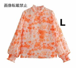 orange vintage ヴィンテージ レトロ フラワー 花柄 ブラウス トップス Lサイズ レディース★ZARA 好きな方に★2024 春新作 新品未使用★