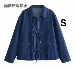 vintage ヴィンテージ レトロ デニム リボン シャツ ブラウス トップス Sサイズ レディース★ZARA 好きな方に★2024 春新作 新品未使用★