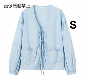 blue vintage ヴィンテージ レトロ リボン ハート カーディガン ブラウス トップス Sサイズ レディース★ZARA 好きな方に★春新作 新品★