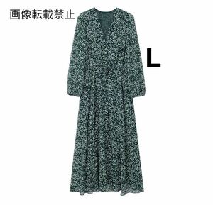 green vintage ヴィンテージ レトロ 柄 Vネック ロング ワンピース Lサイズ レディース★ZARA 好きな方に★2024 S/S 春新作 新品未使用★