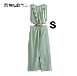 green vintage ヴィンテージ レトロ ノースリーブ ロング ワンピース ドレス Sサイズ レディース★ZARA 好きな方に★春新作 新品未使用★