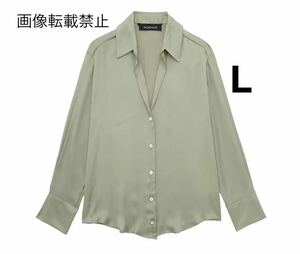 green グリーン vintage ヴィンテージ レトロ サテン シャツ ブラウス トップス Lサイズ レディース★ZARA 好きな方に★春新作 新品★