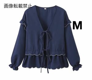 navy vintage ヴィンテージ レトロ リボン フリル ブラウス トップス Mサイズ レディース★ZARA 好きな方に★2024 S/S 春新作 新品未使用★