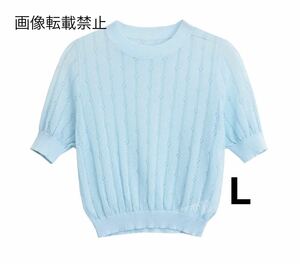 blue ブルー vintage ヴィンテージ レトロ 半袖 ニット トップス Lサイズ レディース★ZARA 好きな方に★2024 S/S 春新作 新品未使用★