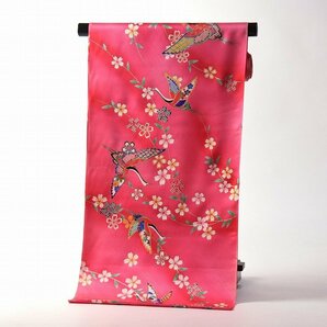 【ほりだし堂】 女の子着物 四つ身 飛び鶴に桜 ピンク色 正絹 未仕立 ７歳着物 七五三の画像1