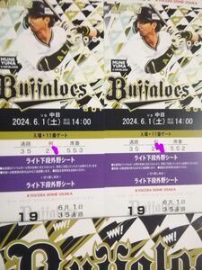 6月１日（土）オリックス対中日　１４時京セラ ライト外野下段年間シート　通路側からの３、４席め（横は壁）