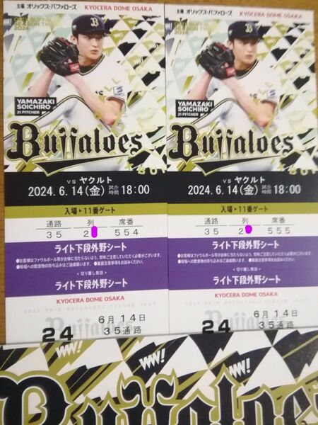 6月１４日（金）オリックス対ヤクルト　１８時京セラ ライト外野下段年間シート　通路側からの２枚連番