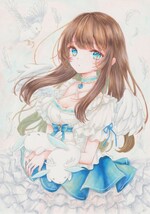 オリジナル手描きイラスト　女の子　天使　茶髪　青目　羽　リボン　ドレス　_画像3